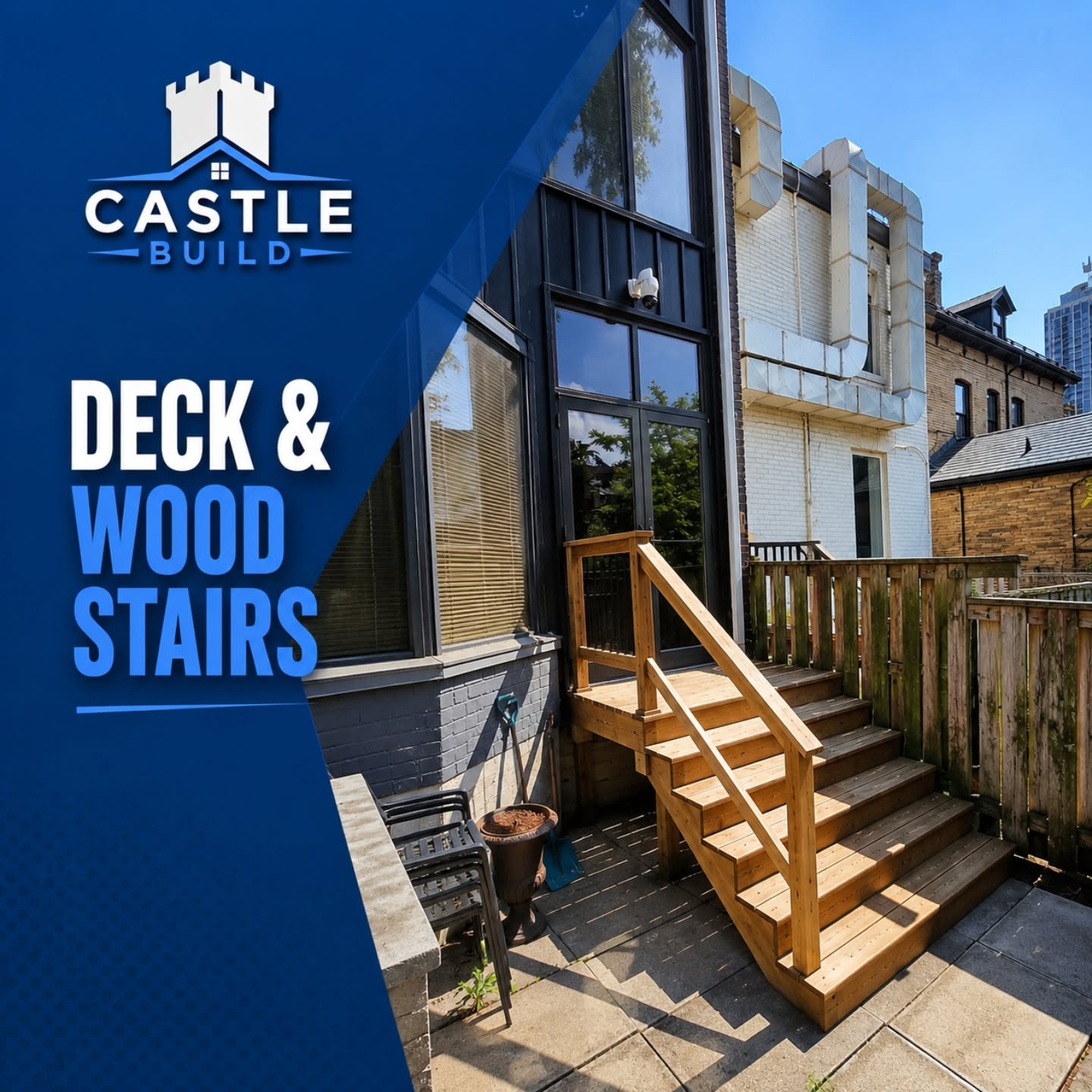 Castle Build Deck & Wood Stairs project: finished cedar-toned deck and stairs at the rear of a Toronto home